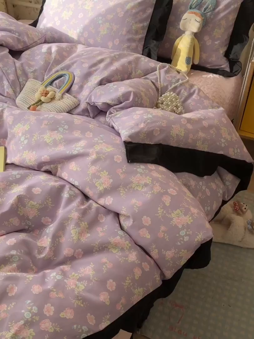 91家纺网 家纺一手货源 找家纺 子钦家纺 2025新款云朵棉水洗棉赫本风床单床笠床盖四件套-安娜 安娜-紫霞仙子