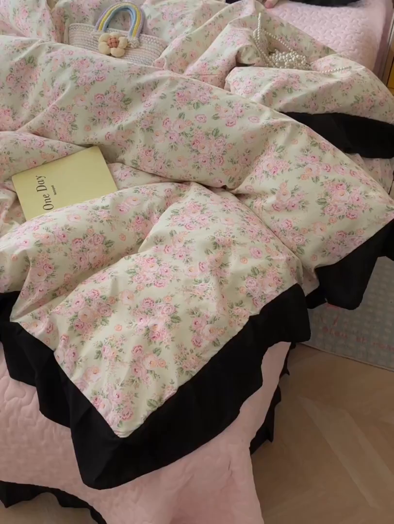 91家纺网 家纺一手货源 找家纺 子钦家纺 2025新款云朵棉水洗棉赫本风床单床笠床盖四件套-安娜 安娜-粉红玫瑰