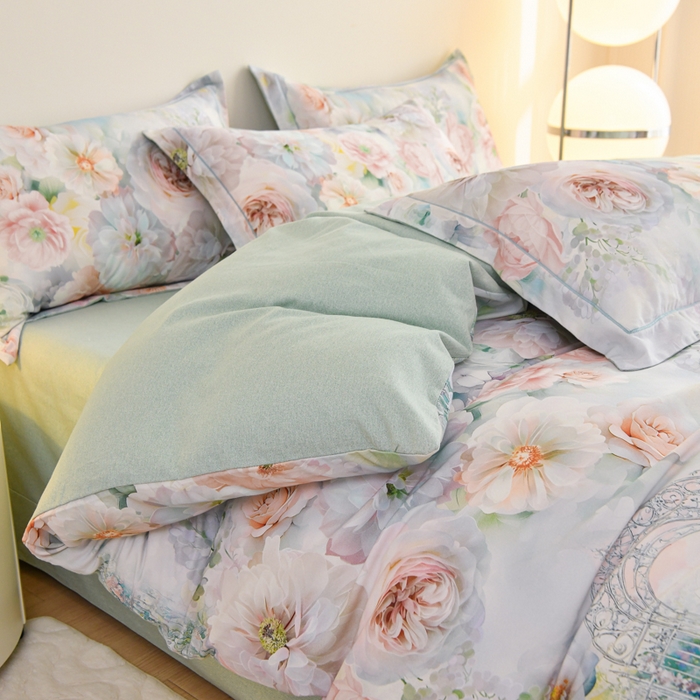 91家纺网 家纺一手货源 找家纺 铭浩 2025新款全棉纯棉数码印花四件套 盛夏-绿