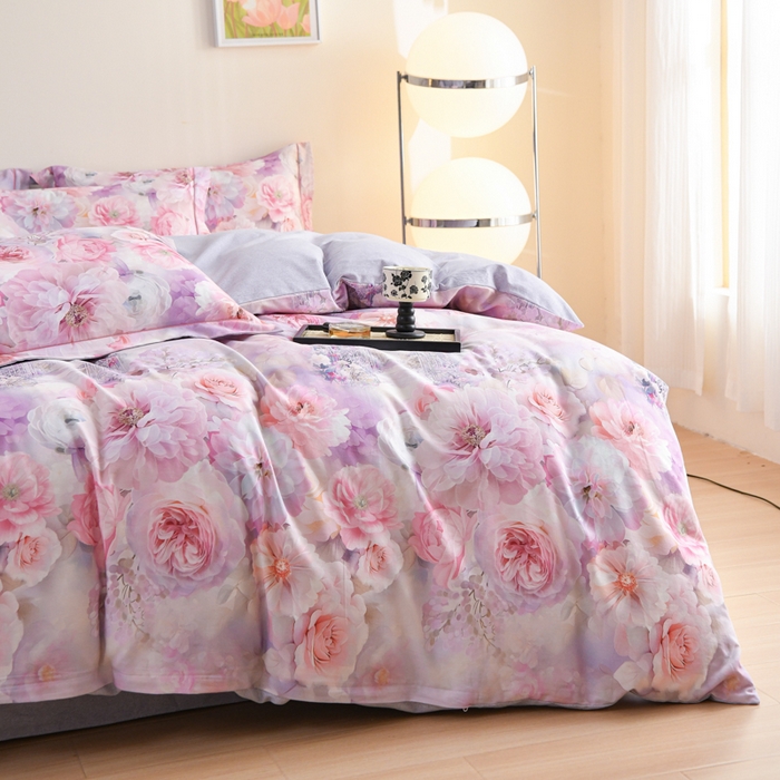 91家纺网 家纺一手货源 找家纺 铭浩 2025新款全棉纯棉数码印花四件套 盛夏-紫