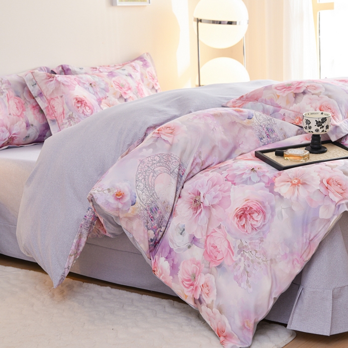 91家纺网 家纺一手货源 找家纺 铭浩 2025新款全棉纯棉数码印花四件套 盛夏-紫