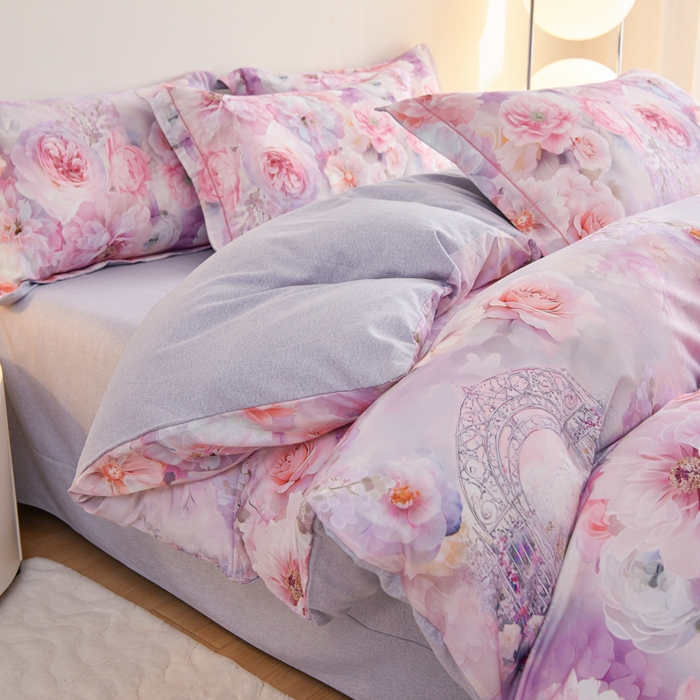 91家纺网 家纺一手货源 找家纺 铭浩 2025新款全棉纯棉数码印花四件套 盛夏-紫