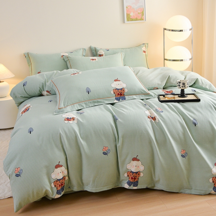 91家纺网 家纺一手货源 找家纺 铭浩 2025新款全棉纯棉数码印花四件套 贴布小熊-绿