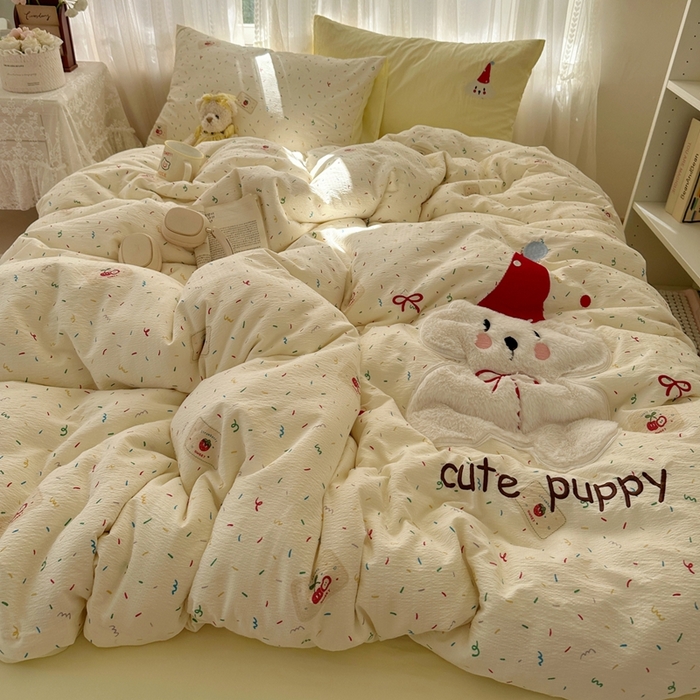 顾里家纺 2025新款亲肤舒适卡通兔毛贴布绣套件四件套（会员- 3元 定制床笠+8元） 红帽小狗