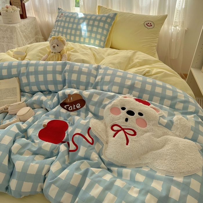 顾里家纺 2025新款亲肤舒适卡通兔毛贴布绣套件四件套（会员- 3元 定制床笠+8元） 蓝格苹果狗