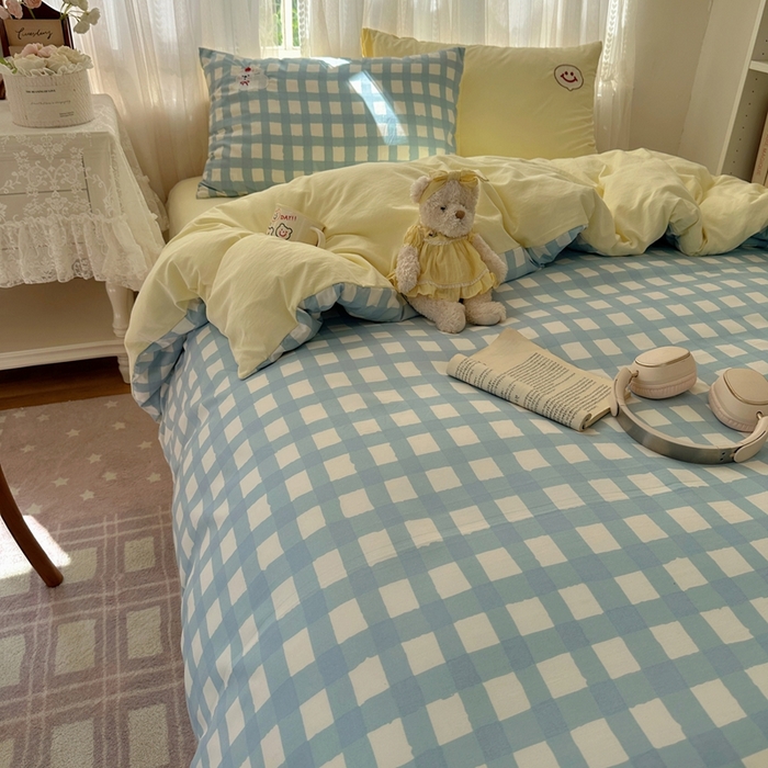 91家纺网 家纺一手货源 找家纺 顾里家纺 2025新款亲肤舒适卡通兔毛贴布绣套件四件套（会员- 3元 定制床笠+8元） 蓝格苹果狗