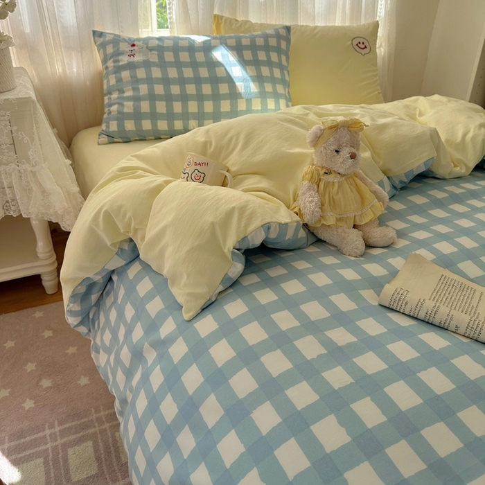 91家纺网 家纺一手货源 找家纺 顾里家纺 2025新款亲肤舒适卡通兔毛贴布绣套件四件套（会员- 3元 定制床笠+8元） 蓝格苹果狗