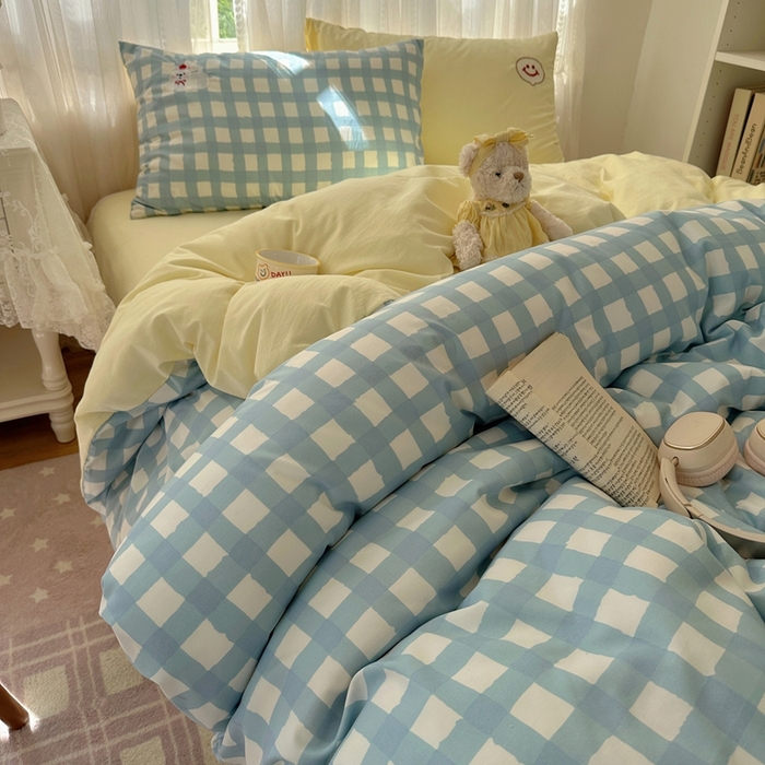 91家纺网 家纺一手货源 找家纺 顾里家纺 2025新款亲肤舒适卡通兔毛贴布绣套件四件套（会员- 3元 定制床笠+8元） 蓝格苹果狗