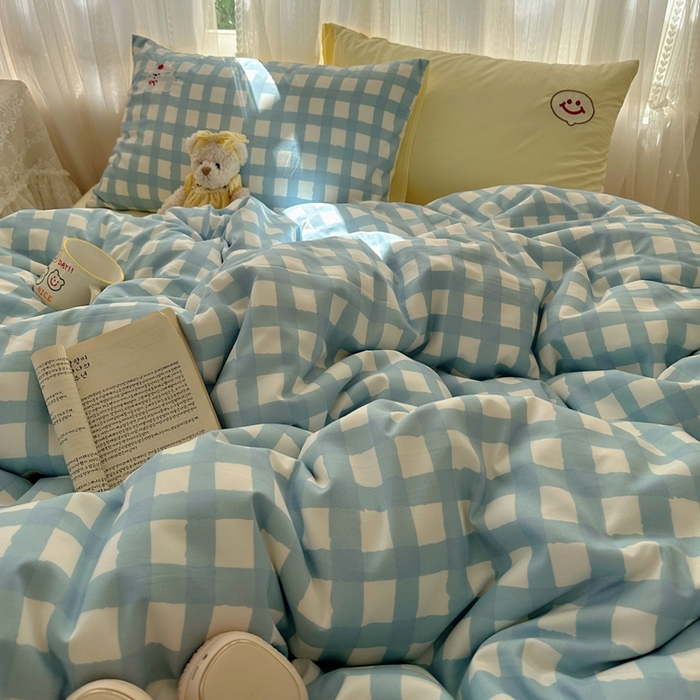 91家纺网 家纺一手货源 找家纺 顾里家纺 2025新款亲肤舒适卡通兔毛贴布绣套件四件套（会员- 3元 定制床笠+8元） 蓝格苹果狗