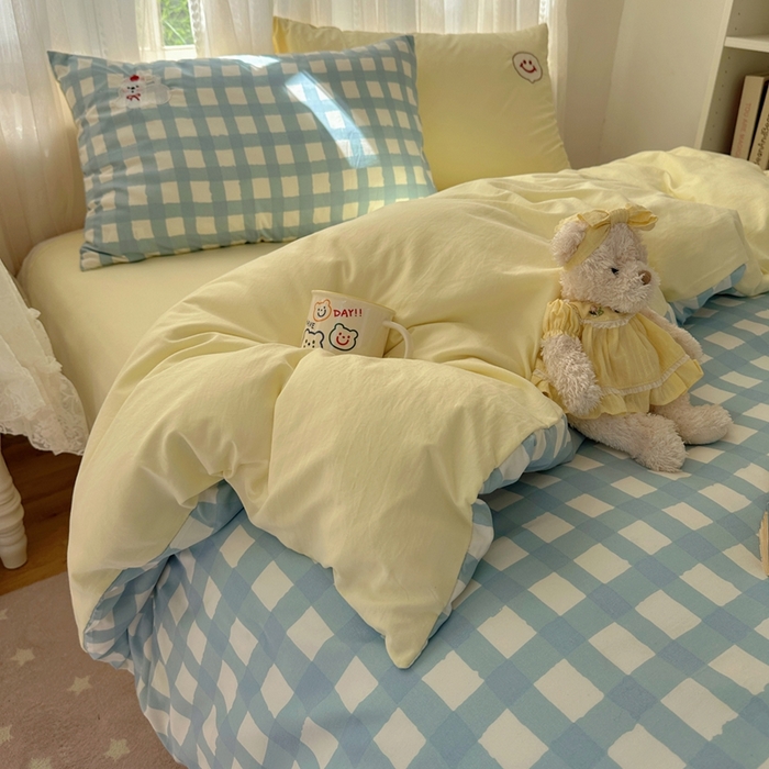 91家纺网 家纺一手货源 找家纺 顾里家纺 2025新款亲肤舒适卡通兔毛贴布绣套件四件套（会员- 3元 定制床笠+8元） 蓝格苹果狗