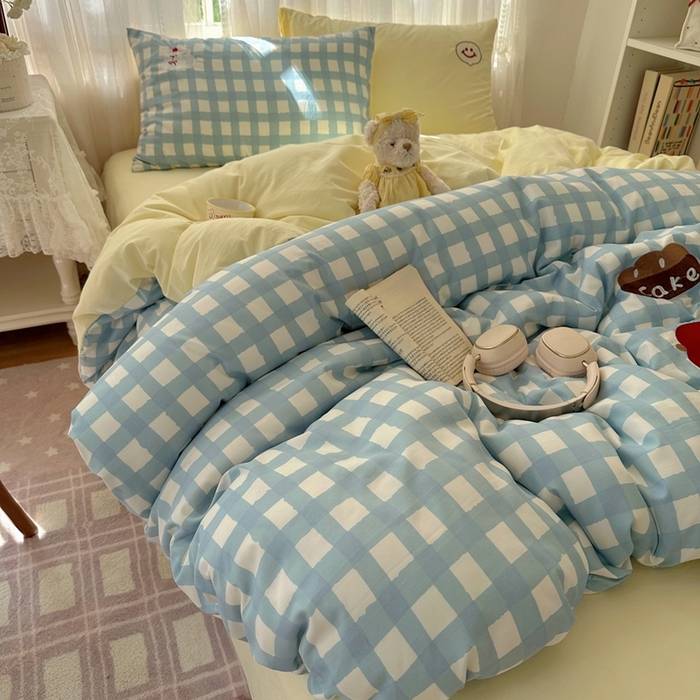 91家纺网 家纺一手货源 找家纺 顾里家纺 2025新款亲肤舒适卡通兔毛贴布绣套件四件套（会员- 3元 定制床笠+8元） 蓝格苹果狗