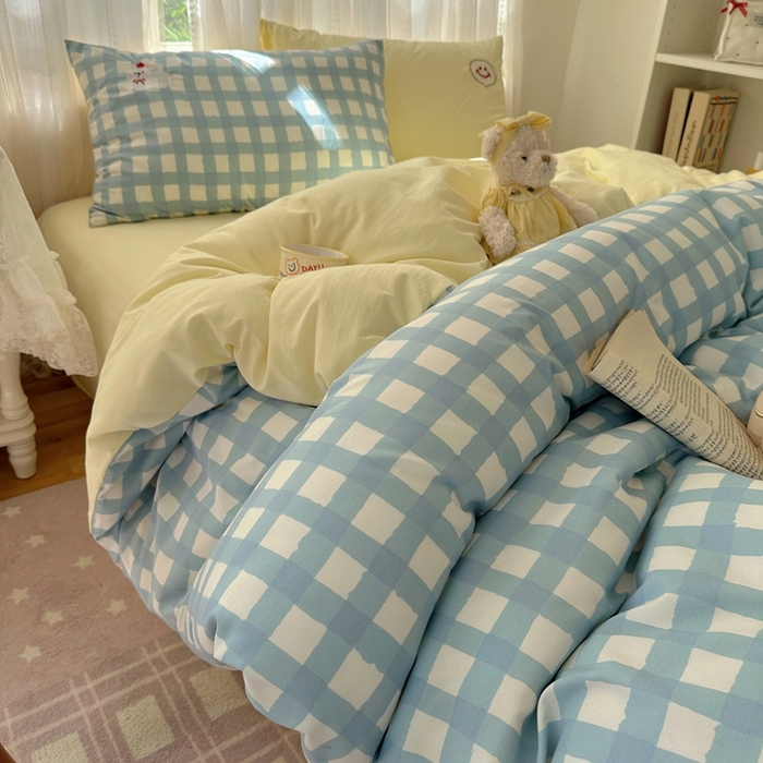 91家纺网 家纺一手货源 找家纺 顾里家纺 2025新款亲肤舒适卡通兔毛贴布绣套件四件套（会员- 3元 定制床笠+8元） 蓝格苹果狗