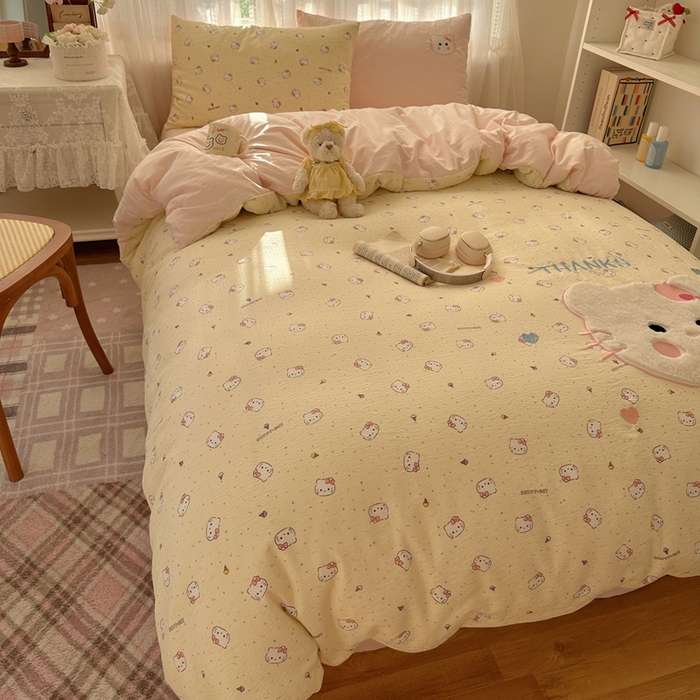 91家纺网 家纺一手货源 找家纺 顾里家纺 2025新款亲肤舒适卡通兔毛贴布绣套件四件套（会员- 3元 定制床笠+8元） 旺财猫咪