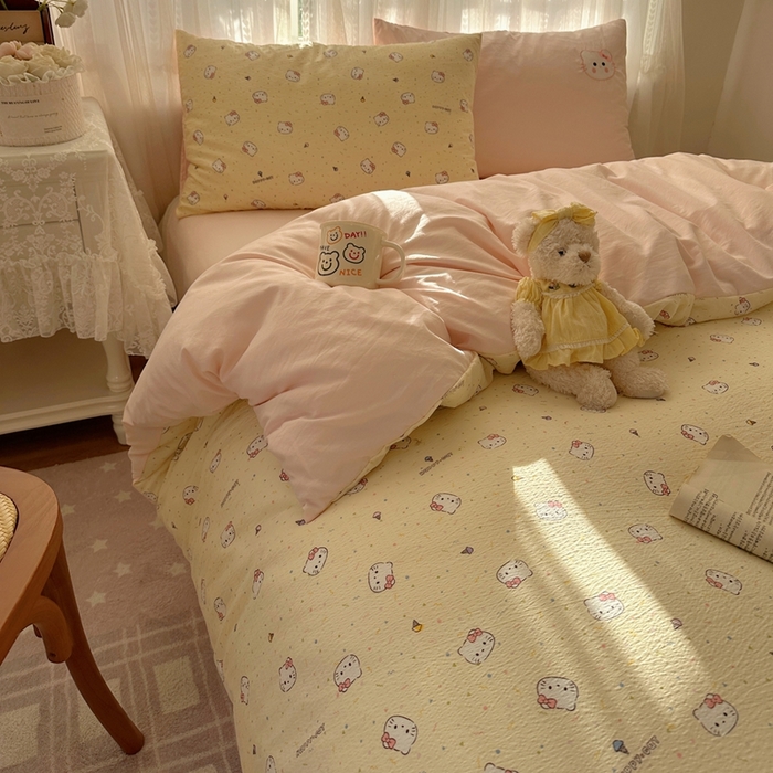 91家纺网 家纺一手货源 找家纺 顾里家纺 2025新款亲肤舒适卡通兔毛贴布绣套件四件套（会员- 3元 定制床笠+8元） 旺财猫咪