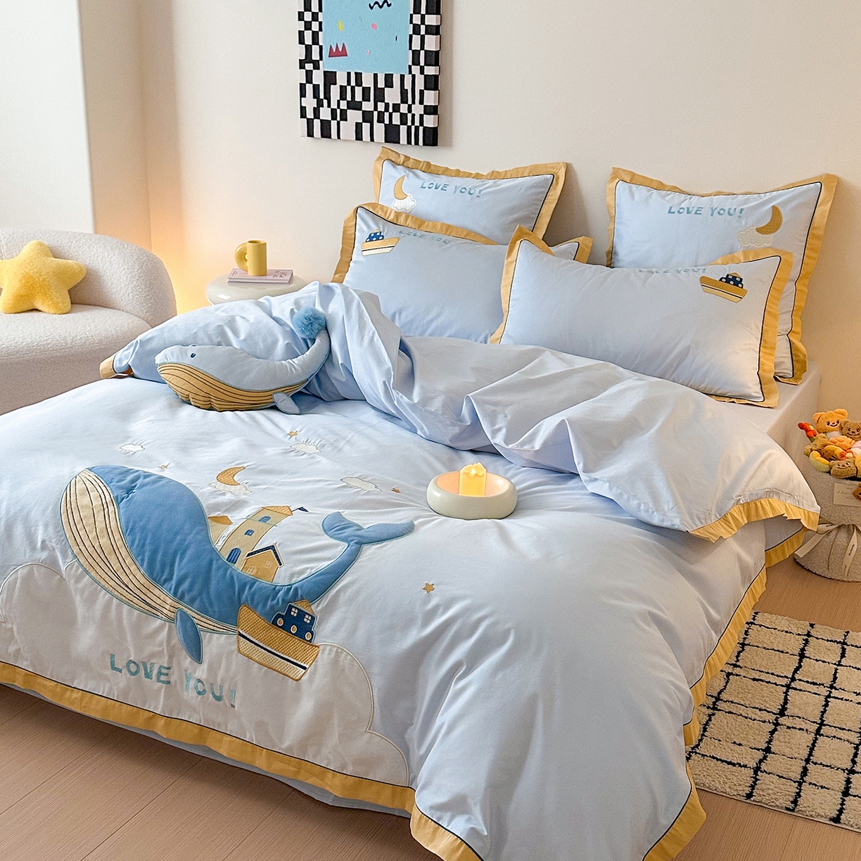 91家纺网 家纺一手货源 找家纺 （总）西西家居 2025新款100支长绒棉澳棉四件套-小蓝鲸