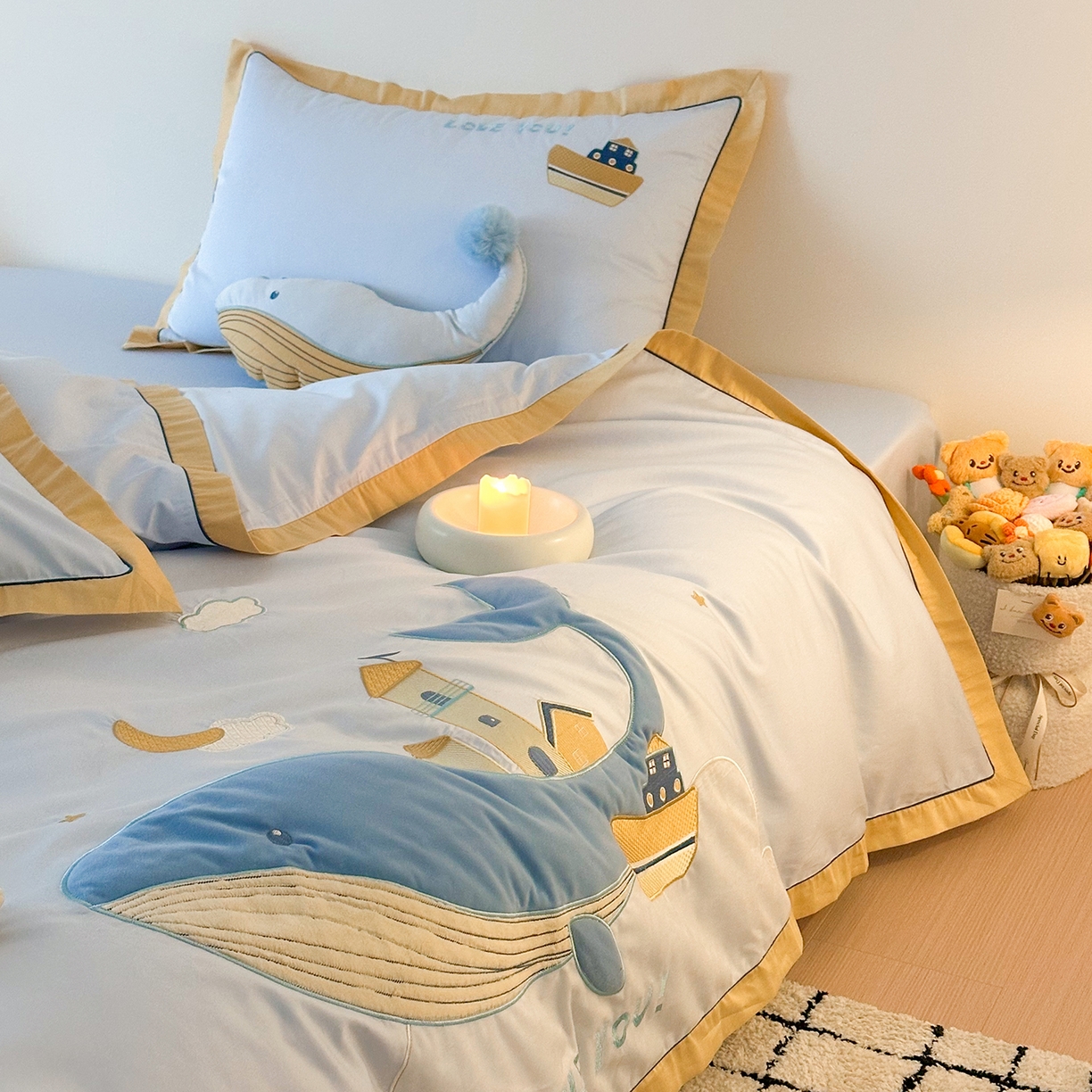 91家纺网 家纺一手货源 找家纺 （总）西西家居 2025新款100支长绒棉澳棉四件套-小蓝鲸