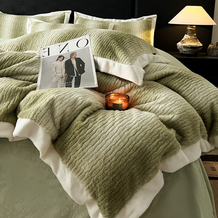 91家纺网 家纺一手货源 找家纺 羽梦 2025秋冬新品260克加厚全消光貂狐绒工艺款超保暖四件套 九尾狐-抹茶