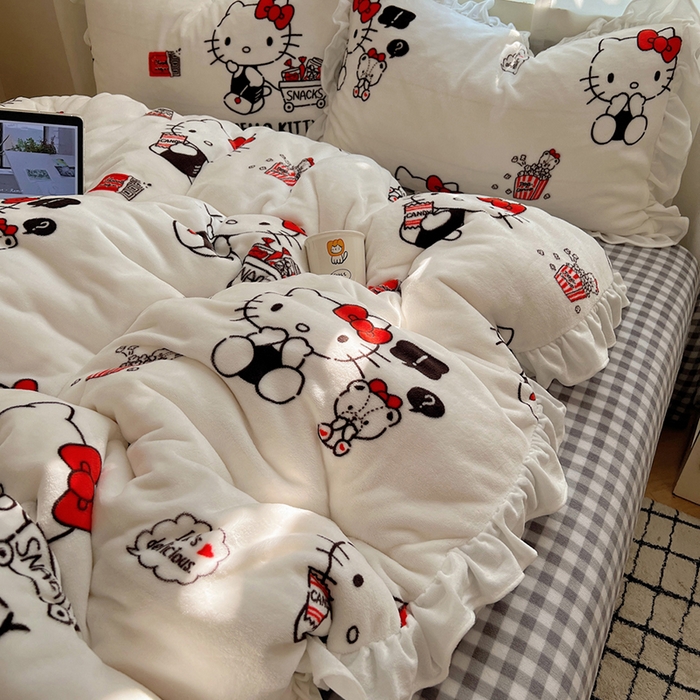 91家纺网 家纺一手货源 找家纺 三朵家纺 2025新款牛奶绒三丽鸥花边四件套 花边系列 花边-凯蒂公主