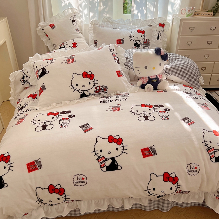 91家纺网 家纺一手货源 找家纺 三朵家纺 2025新款牛奶绒三丽鸥花边四件套 花边系列 花边-凯蒂公主