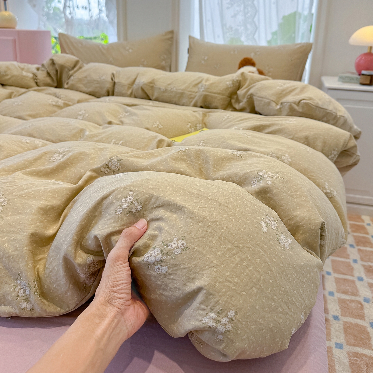 91家纺网 家纺一手货源 找家纺 竹合家纺 2025新款爆款韩国小布袋古法水洗云感四件套 茶町