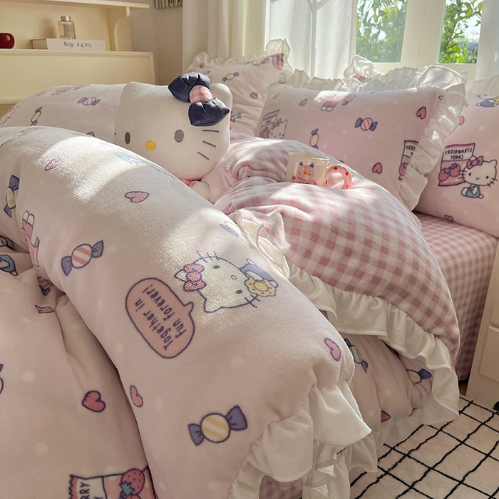 三朵家纺 2025新款牛奶绒三丽鸥花边四件套 花边系列 花边-乐园KT