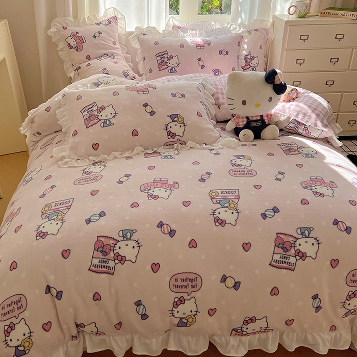 91家纺网 家纺一手货源 找家纺 三朵家纺 2025新款牛奶绒三丽鸥花边四件套 花边系列 花边-乐园KT