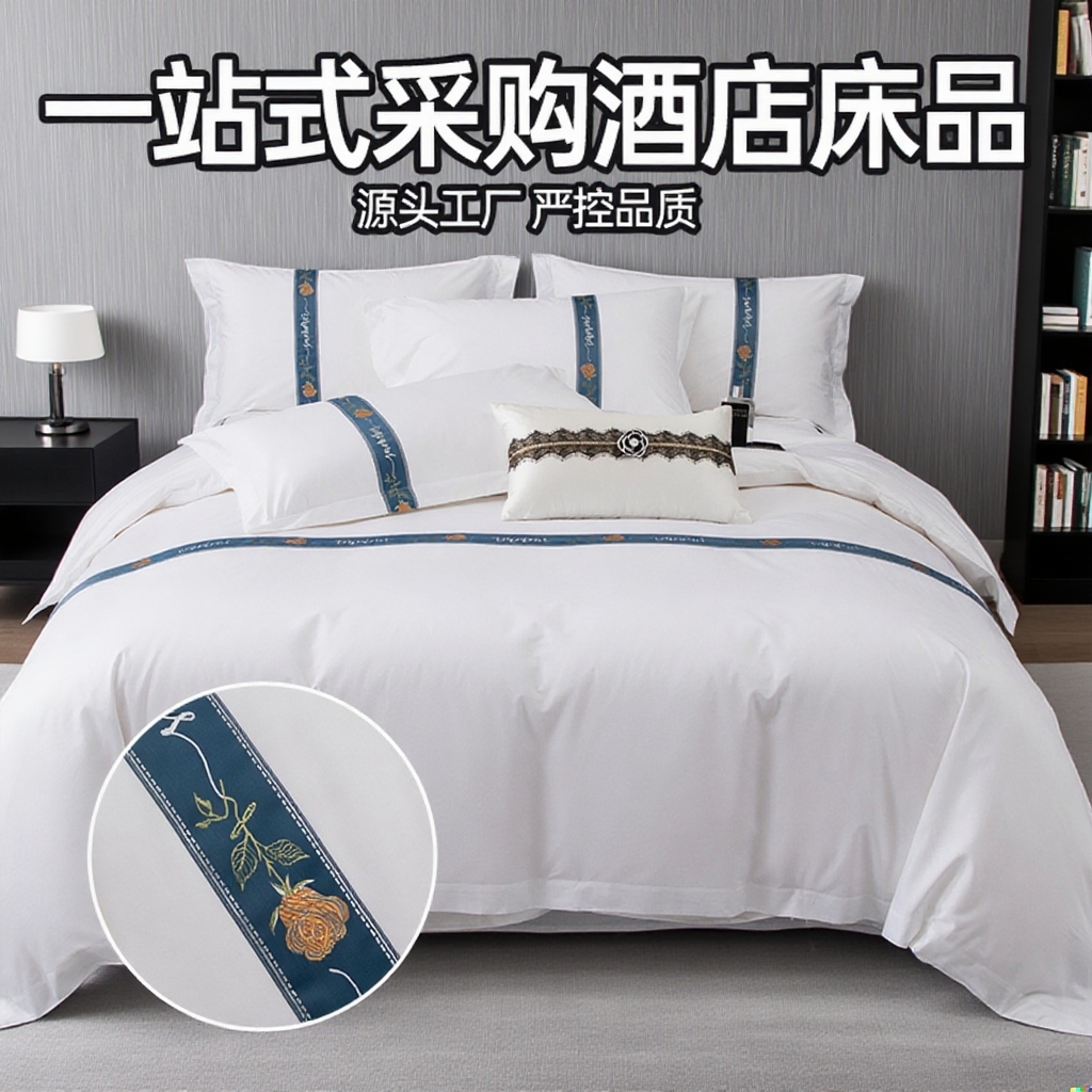91家纺网 家纺一手货源 找家纺 安力森/诚臻酒店用品 2025新款高支高密民宿酒店织带款四件套 云海