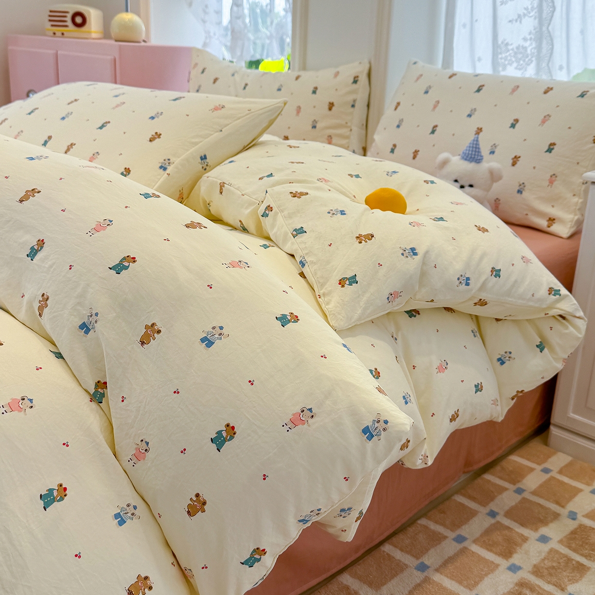 91家纺网 家纺一手货源 找家纺 竹合家纺 2025新款爆款韩国小布袋古法水洗云感四件套 快乐小象