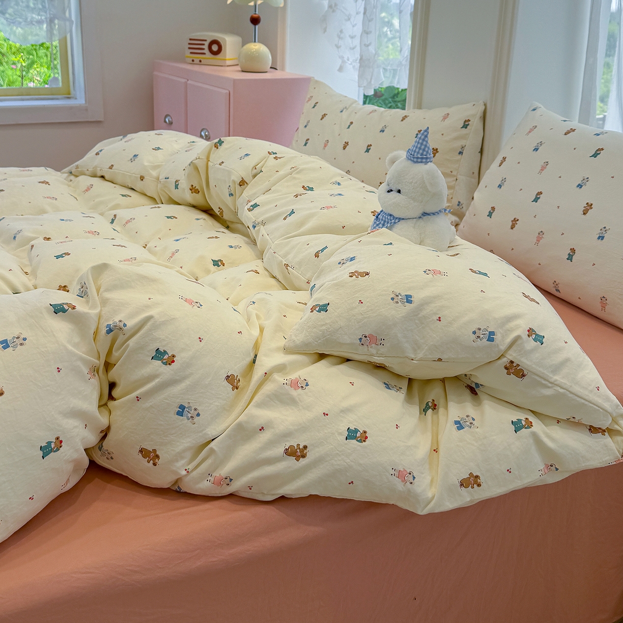 91家纺网 家纺一手货源 找家纺 竹合家纺 2025新款爆款韩国小布袋古法水洗云感四件套 快乐小象