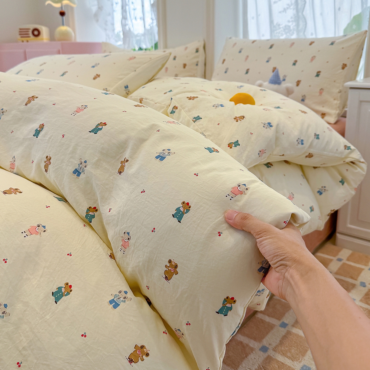 91家纺网 家纺一手货源 找家纺 竹合家纺 2025新款爆款韩国小布袋古法水洗云感四件套 快乐小象