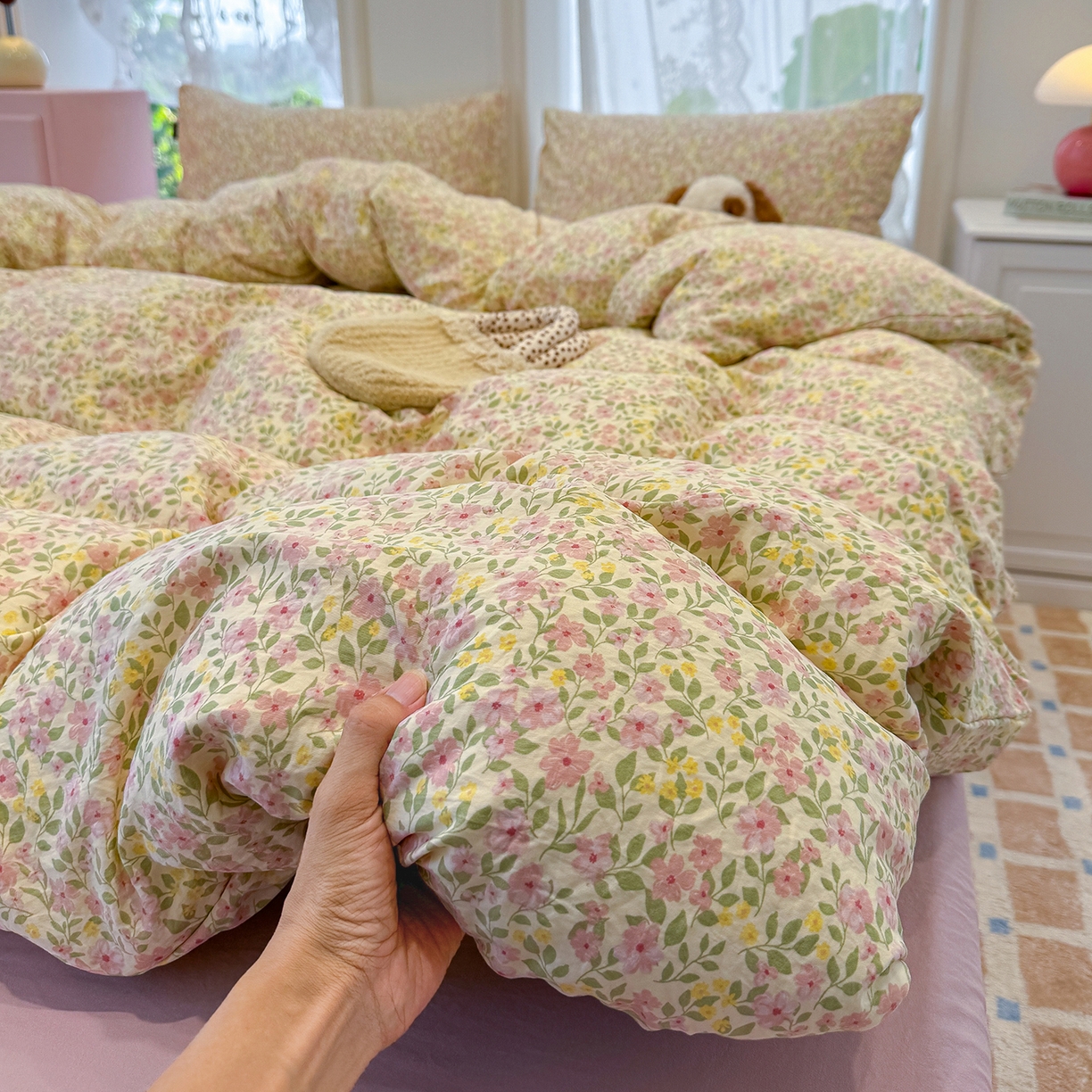 91家纺网 家纺一手货源 找家纺 竹合家纺 2025新款爆款韩国小布袋古法水洗云感四件套 初见芭蕾