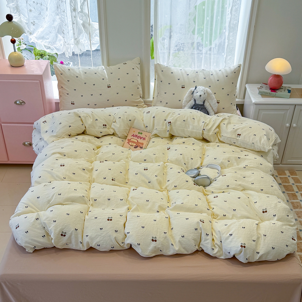 91家纺网 家纺一手货源 找家纺 竹合家纺 2025新款爆款韩国小布袋古法水洗云感四件套 樱桃蝴蝶结