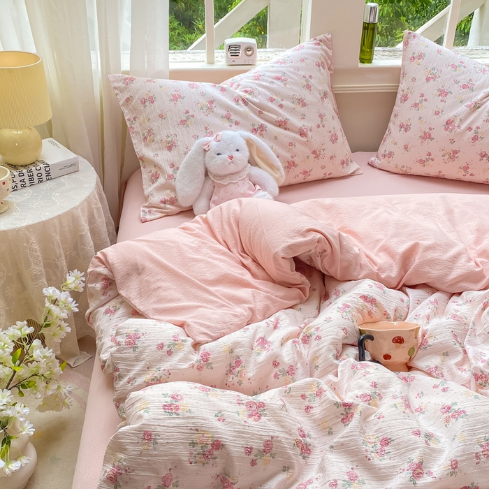 91家纺网 家纺一手货源 找家纺 朵朵家纺 2025新款云感提花双层纱印花四件套 玫瑰庄园