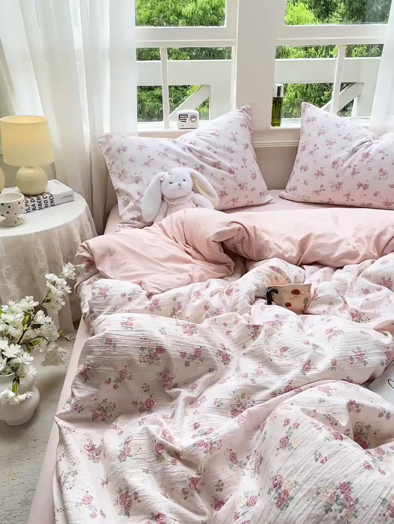 91家纺网 家纺一手货源 找家纺 朵朵家纺 2025新款云感提花双层纱印花四件套 玫瑰庄园