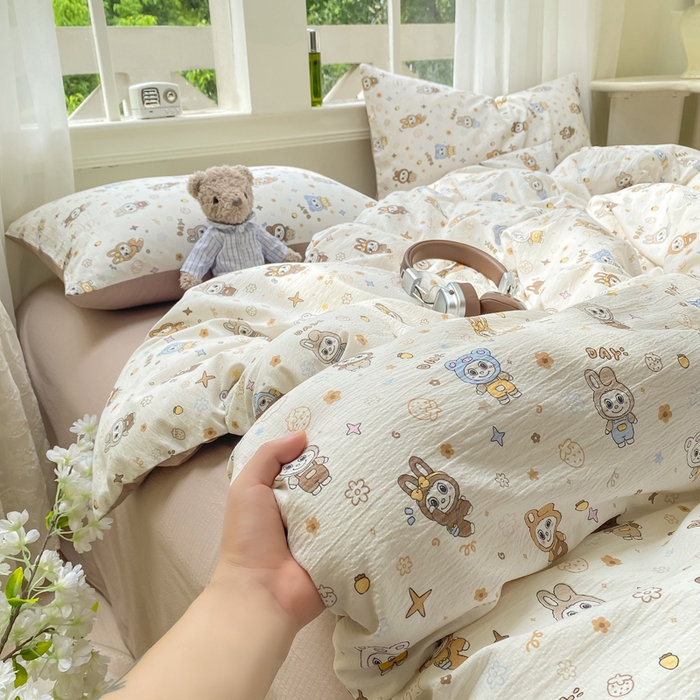 91家纺网 家纺一手货源 找家纺 朵朵家纺 2025新款云感提花双层纱印花四件套 布布星球