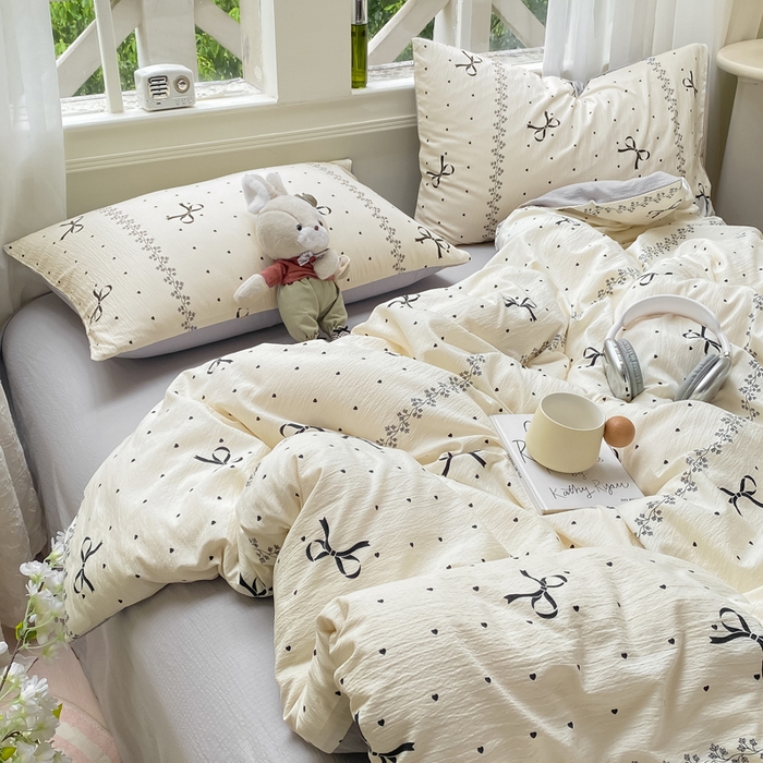 91家纺网 家纺一手货源 找家纺 朵朵家纺 2025新款云感提花双层纱印花四件套 法式蝴蝶结