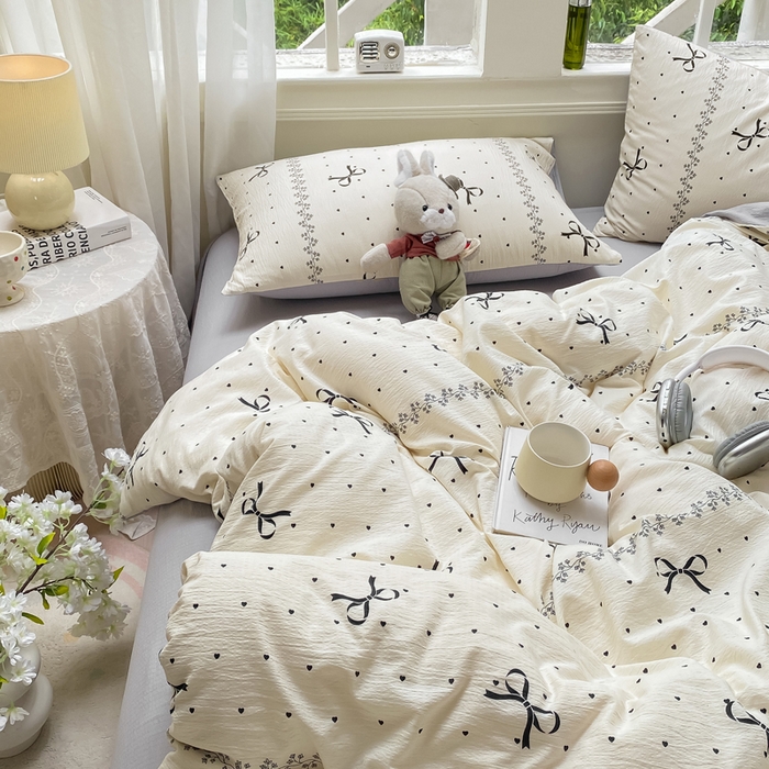 91家纺网 家纺一手货源 找家纺 朵朵家纺 2025新款云感提花双层纱印花四件套 法式蝴蝶结