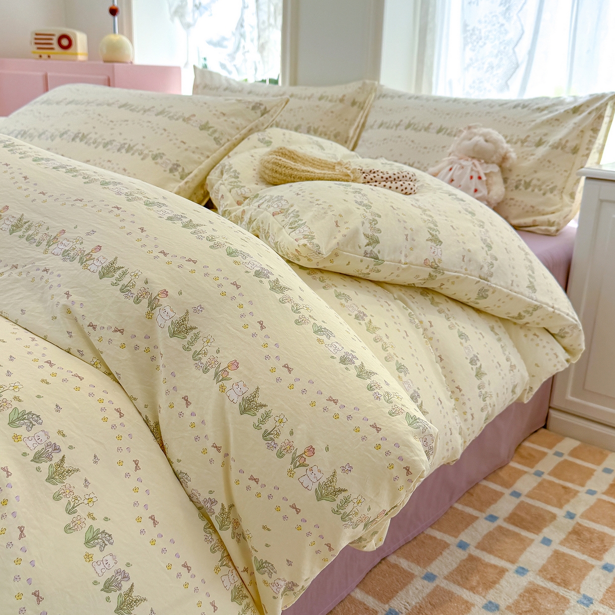 91家纺网 家纺一手货源 找家纺 竹合家纺 2025新款爆款韩国小布袋古法水洗云感四件套 花与兔