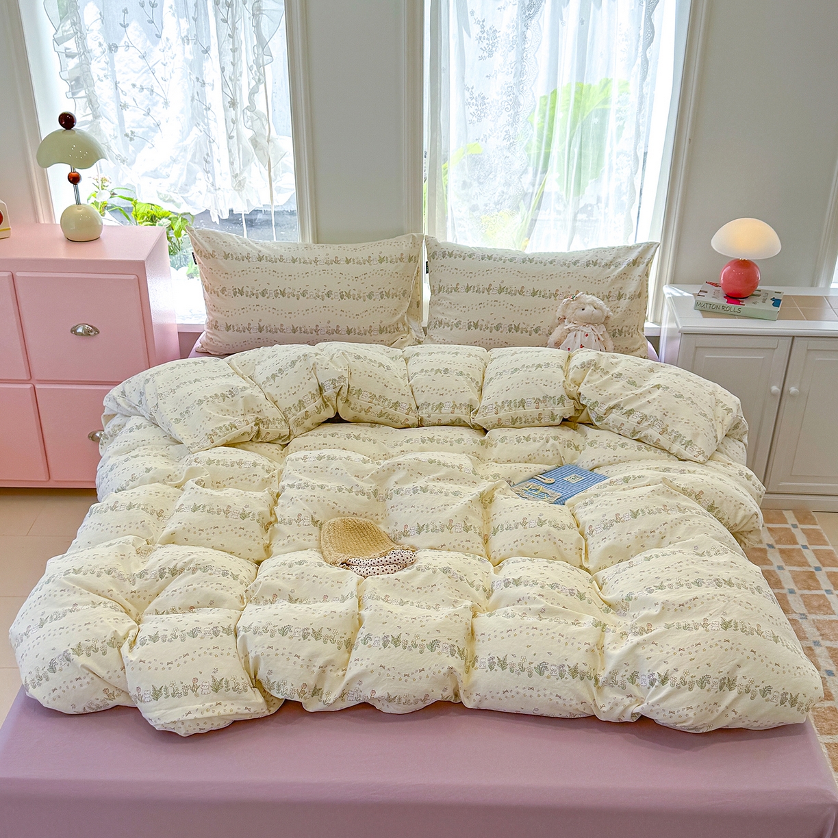 91家纺网 家纺一手货源 找家纺 竹合家纺 2025新款爆款韩国小布袋古法水洗云感四件套 花与兔