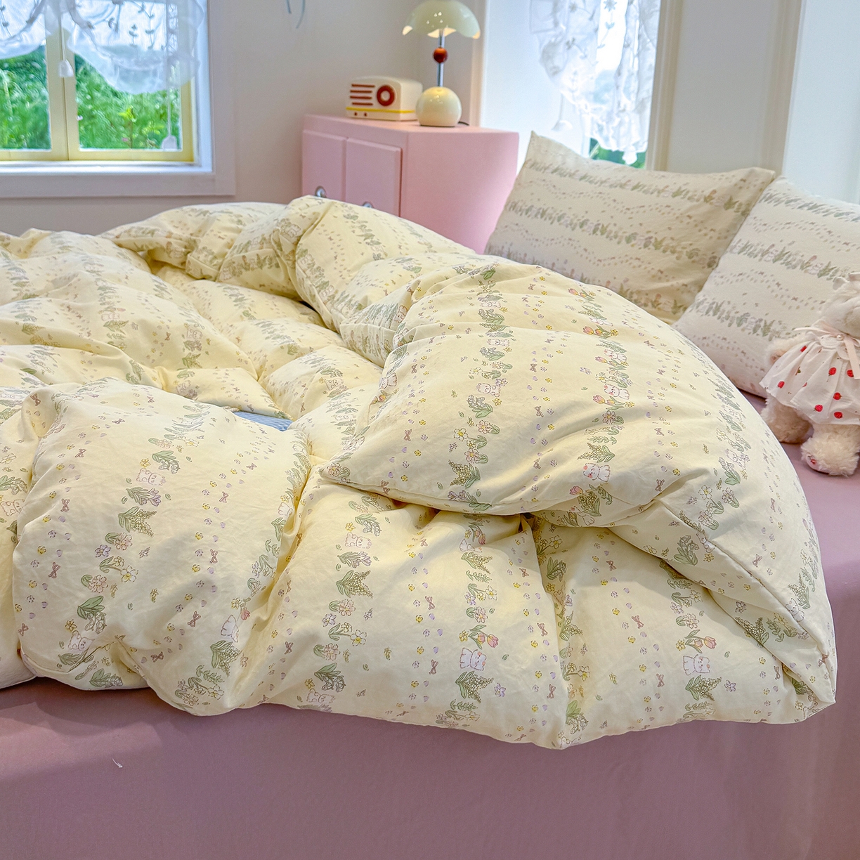 91家纺网 家纺一手货源 找家纺 竹合家纺 2025新款爆款韩国小布袋古法水洗云感四件套 花与兔