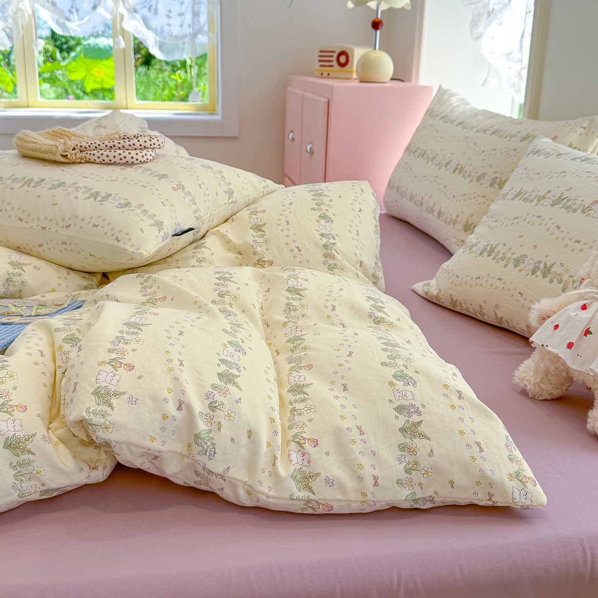 91家纺网 家纺一手货源 找家纺 竹合家纺 2025新款爆款韩国小布袋古法水洗云感四件套 花与兔