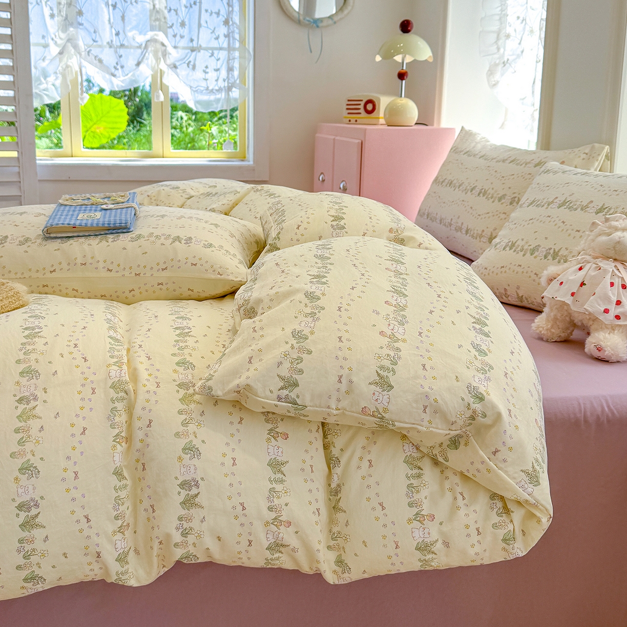 91家纺网 家纺一手货源 找家纺 竹合家纺 2025新款爆款韩国小布袋古法水洗云感四件套 花与兔