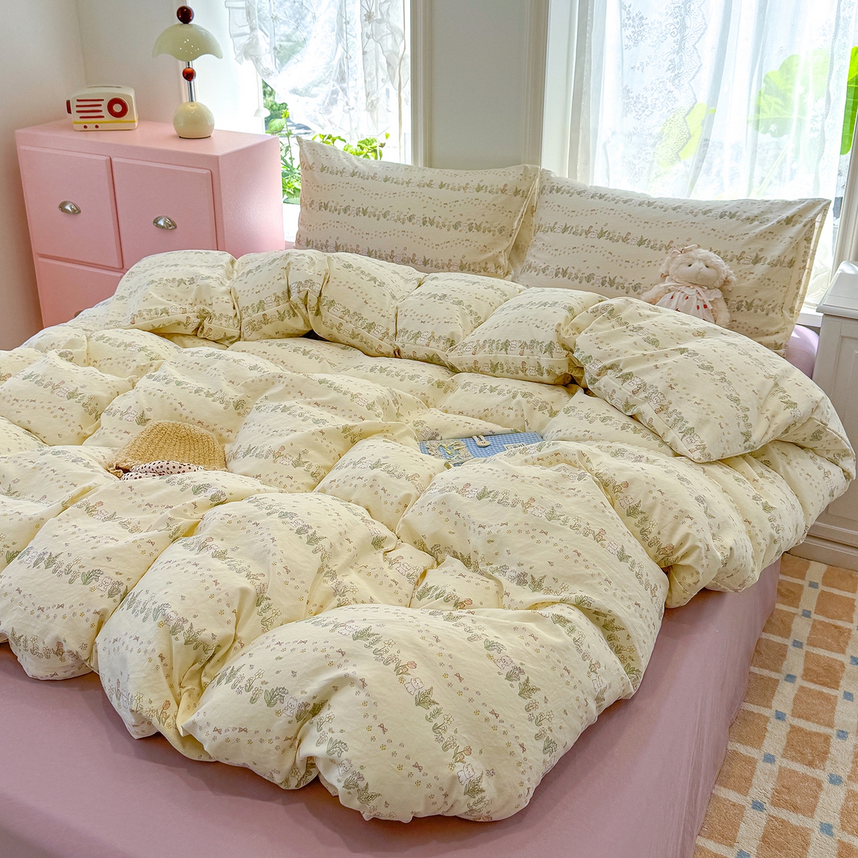 91家纺网 家纺一手货源 找家纺 竹合家纺 2025新款爆款韩国小布袋古法水洗云感四件套 花与兔