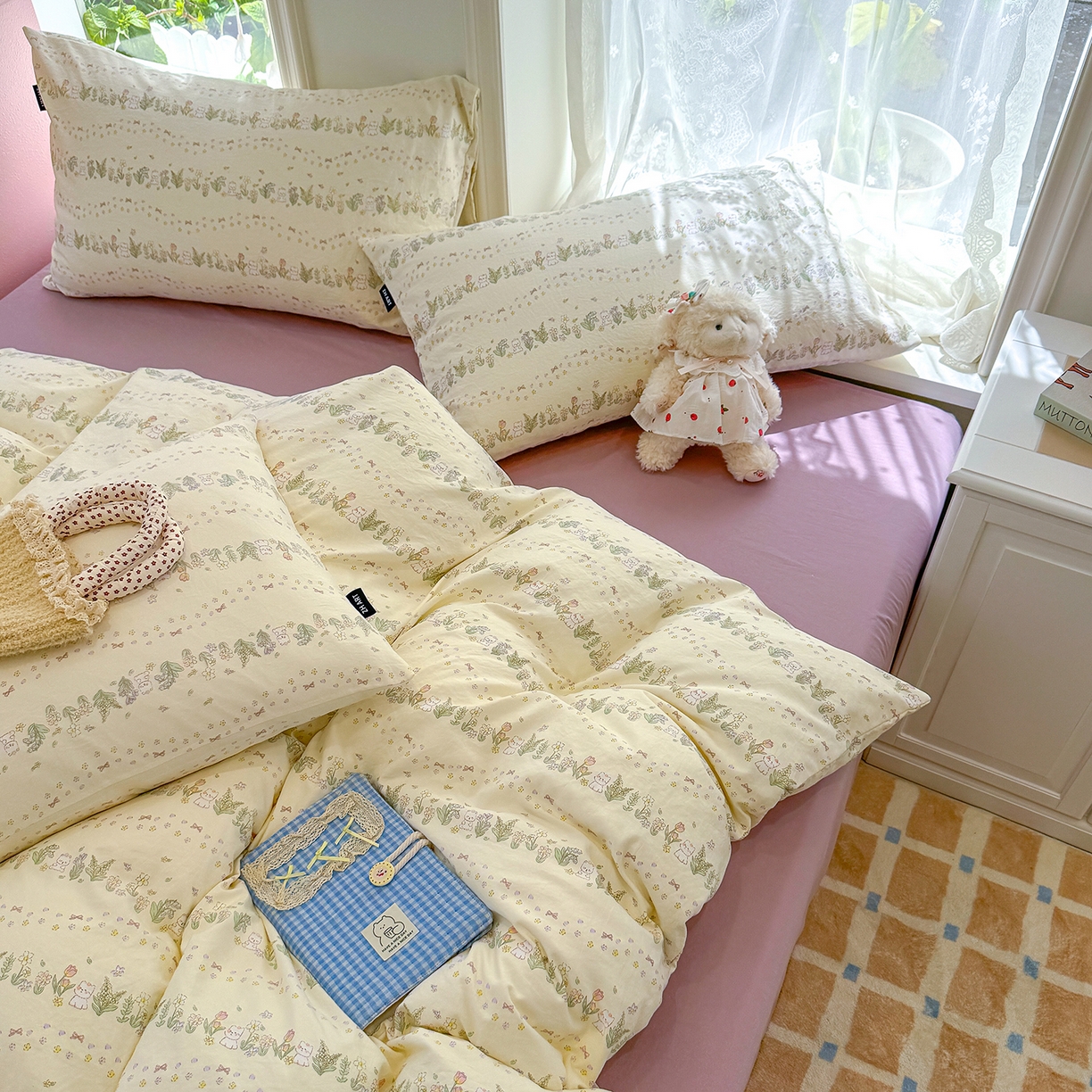 91家纺网 家纺一手货源 找家纺 竹合家纺 2025新款爆款韩国小布袋古法水洗云感四件套 花与兔