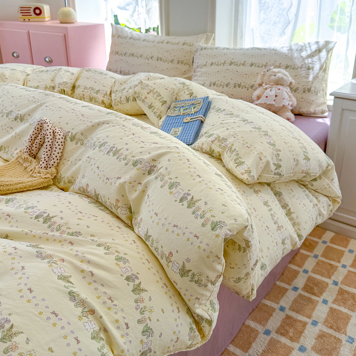 91家纺网 家纺一手货源 找家纺 竹合家纺 2025新款爆款韩国小布袋古法水洗云感四件套 花与兔