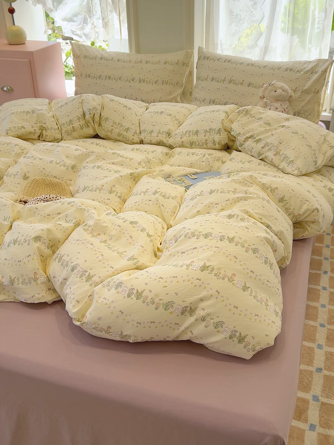 91家纺网 家纺一手货源 找家纺 竹合家纺 2025新款爆款韩国小布袋古法水洗云感四件套 花与兔