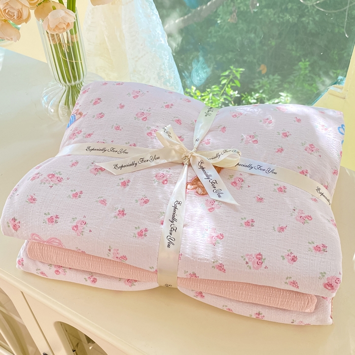 朵朵家纺 2025新款云感提花双层纱印花四件套 花町小能粉