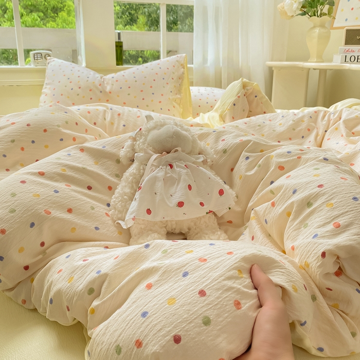 91家纺网 家纺一手货源 找家纺 朵朵家纺 2025新款云感提花双层纱印花四件套 幻彩波点