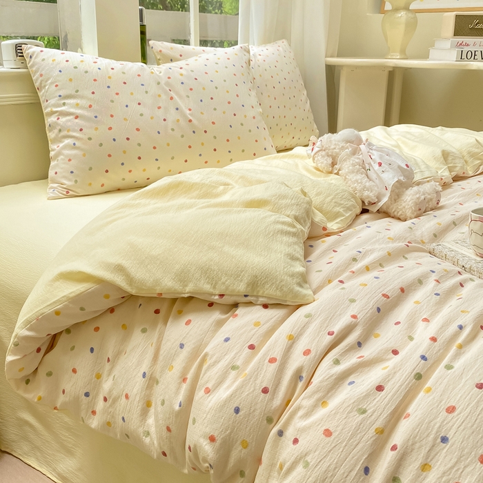 91家纺网 家纺一手货源 找家纺 朵朵家纺 2025新款云感提花双层纱印花四件套 幻彩波点