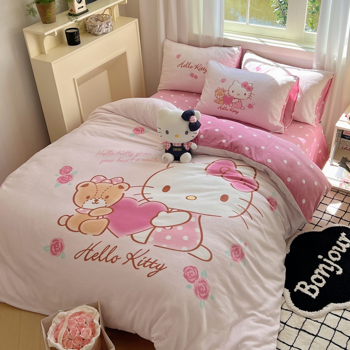 三朵家纺 2025新款数码大版牛奶绒印花三丽鸥系列四件套 美好KT